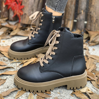 Bottes de combat à plateforme pour femmes, noires, à lacets, avec fermeture éclair latérale, doublure en polaire, semelle épaisse, chaussures tendance automne-hiver