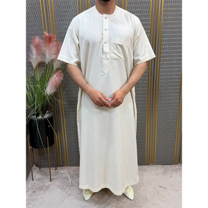 Luxury Soft Cotton Moroccan Prayer <b>Thobe</b> Short Sleeve Round Neck Button Pocket Machine Washable - Product Image 4