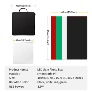 <span class=keywords><strong>Studio</strong></span> <span class=keywords><strong>photo</strong></span> portable Selens 16x16 pouces (40 cm) avec boîte à lumière LED 2,5 W, tente de prise de vue, éclairage et 4 fonds pliables - Product Image 6