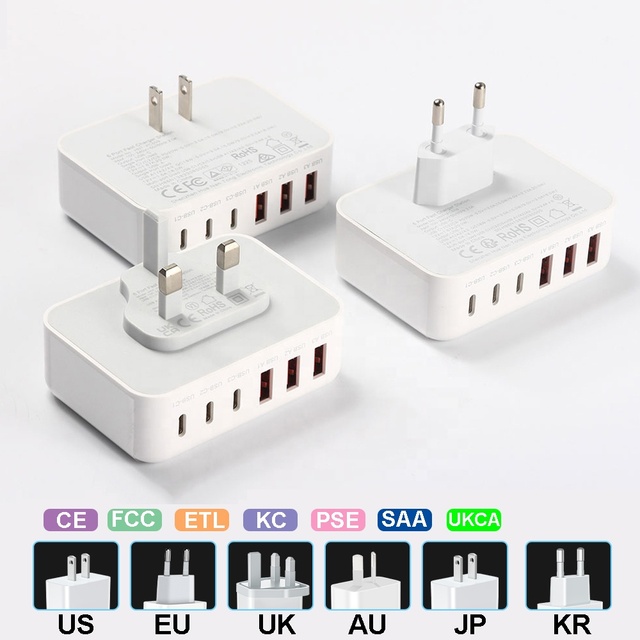 HNT 100W 3A+3C Charger PD+QC3.0 Multiport USB Type C Fast Charging US/EU/UK/JP Plug for iPhone 17 16 15 14 Pro Max Charge