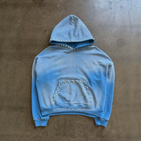 Sudaderas con Capucha para Hombre, Color Azul Cobalto Brillante, Algodón Grueso, Lavado Ácido, Estampado de Diamantes de Imitación, Cuello Redondo, Fabricación Personalizada en Fábrica OEM