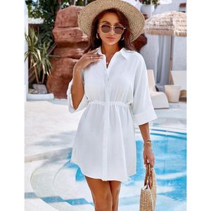 Womens White Shirt <b>Dress</b> Batwing Sleeve Button Down <b>Loose</b> Waist Swimwear Cover Up 1 Piece Cotton Beach <b>Dress</b> - Product Image 4