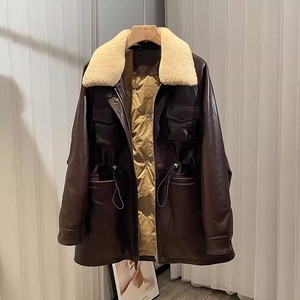 Weshallo Manteau d'hiver en cuir de mouton véritable chaud pour femmes Veste <span class=keywords><strong>mi</strong></span>-<span class=keywords><strong>longue</strong></span> en cuir de duvet d'oie avec col en fourrure de laine - Product Image 3