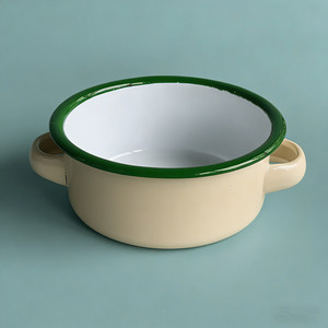 Tigelas de Sopa Redondas de Metal Esmaltado com Logotipo Personalizado, Cores Clássicas Creme e Verde, Borda Verde, Alça Dupla, 8cm, 11cm, 14cm, 18cm - Product Image 2
