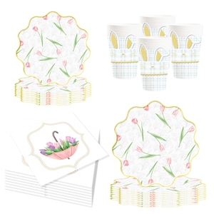 DAMAI Custom Disposable Paper Plates Flower Theme Party Decorations for Spring Tea Party Tulip Floral <b>Easter</b> Paper Tableware Set - Product Image 2