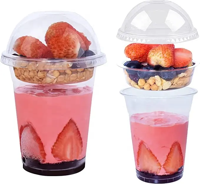 Clear Plastic Cups with Insert & Dome Lids(NO HOLE) Disposable Parfait Cups for Fruit Yogurt Smoothie Dessert