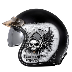 Casque de moto classique 3/4 à face ouverte, coque arrondie, coutures en cuir, coque brillante crème, casque de sécurité - Product Image 1