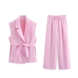 Gilet <span class=keywords><strong>taille</strong></span> <span class=keywords><strong>haute</strong></span> en lin de couleur unie <span class=keywords><strong>tailleur</strong></span>-<span class=keywords><strong>pantalon</strong></span> extensible à jambes larges pour femmes - Product Image 3