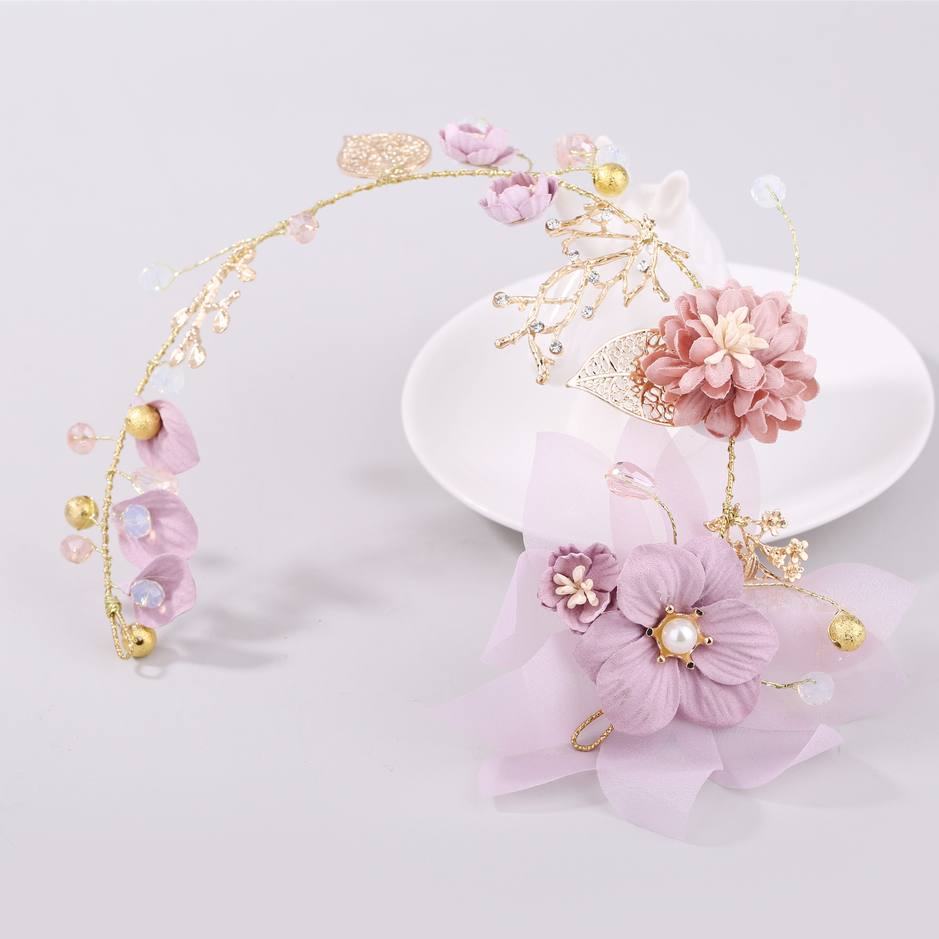 Gold Floral Pink Hairband Graci - Girls Ivory & Pink Shimmer Rose Hairband  main image 2
