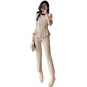 Apricot Ruffled Women's Suit Set Full Sleeve Polyester Elegant Autumn Anti-Wrinkle Beauty Salon Uniform - Product Image 5