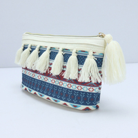 Tas Kosmetik Motif Etnik Bohemian dengan Ritsleting Rumbai, Dompet Kecil Kanvas, Organizer Makeup untuk Wanita, Pouch untuk Perjalanan, Dompet