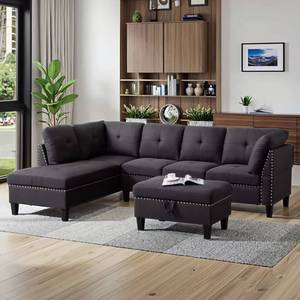 Elegante sofá seccional reversible en forma de L, tapizado en lino gris moderno, con chaise longue de madera de alta gama. - Product Image 2