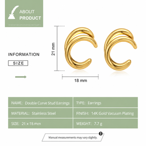 Boucles d'oreilles à double courbe plaquées or 14 carats, boucles d'oreilles en acier inoxydable poli en forme de croissant, 21 x 18 mm - Product Image 2