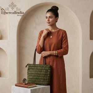 Bolso Tote Artesanal de Algodón con Estampado de Bloques Verdes, Bolso de Hombro Tipo Shopper con Asa de Cuero, Estilo Boho, Exportación a Granel desde India - Product Image 2