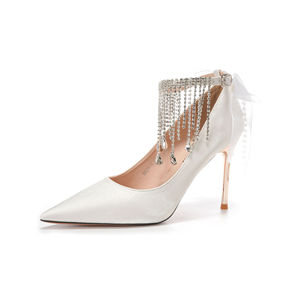 9888-5 <b>White</b> Satin Stiletto <b>Heels</b> Back Strap Bow Tassel Heeled Sandals (3-5) Fashion Trend Elegant Pointed Toe Wedding Shoes for - Product Image 4