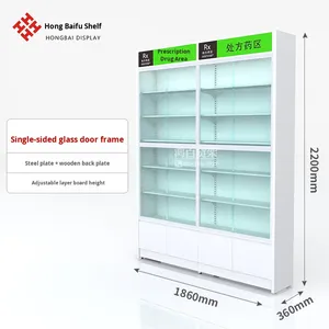 Exhibidor de Acero <span class=keywords><strong>y</strong></span> <span class=keywords><strong>Madera</strong></span> de Una Cara para Farmacia Hongbai, Estante de Exhibición Refrigerado para Mostrador, Estante Metálico para Recetas con Vidrio - Product Image 3