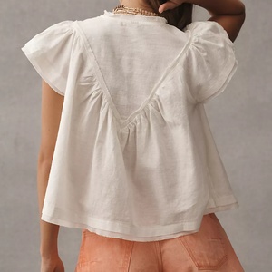 Blusa de Verano para Mujer, Nueva, a la Moda, de Alta Calidad, con Cuello en V, Manga Corta, Encaje Frontal, de Algodón - Product Image 3