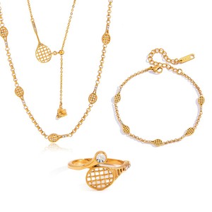 Conjunto de joyería de acero inoxidable, collar, pulsera y anillo con circonita para mujer, estilo moderno para fiestas, tono dorado - Product Image 5