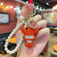 Porte-clés Homard Scintillant Adorable en Strass, Breloque de Sac 3D en Cristal Diamant Animal Marin avec Sangle Perle, Vente en Gros