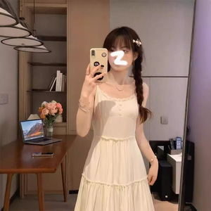 French Style Sweet Patchwork Suspender Dress Women Summer Beach Vacation Midi Length Square Neck Tight Waist Solid Color - Product Image 2