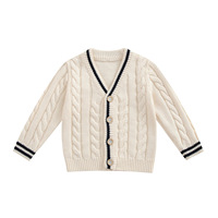Cardigan en coton pour bébés garçons, tricoté à gros points torsadés, avec bordure à rayures contrastées, col en V boutonné pour bébés filles, tricot confortable et décontracté pour nourrissons et tout-petits