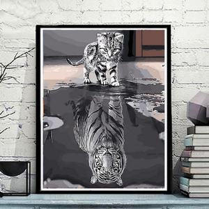 Peinture murale moderne personnalisée pour salon, chat et tigre, animal, peinture en porcelaine cristalline, impression HD, décoration, peinture avec lumière LED - Product Image 5