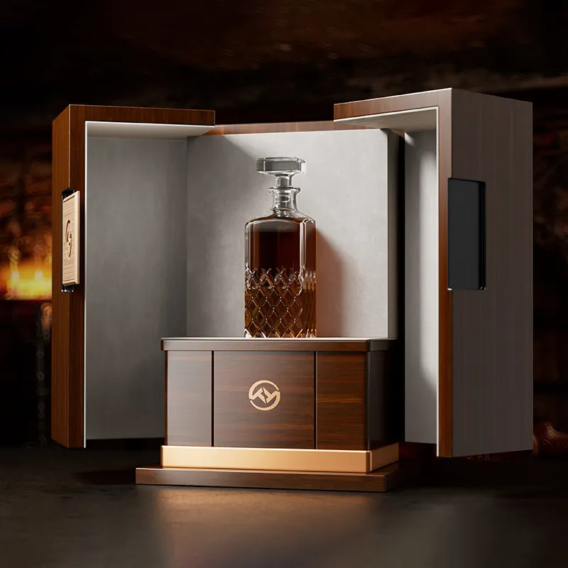 Großhandel Luxus Whisky Box Weinflasche Schnaps Sammel box Display Holz Wein kiste mit Samt Interieur Wein Geschenk verpackung