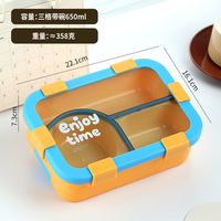 Boîte à lunch en plastique à 3 compartiments avec motif « Enjoy Time », cuillère et fourchette, 650 ml