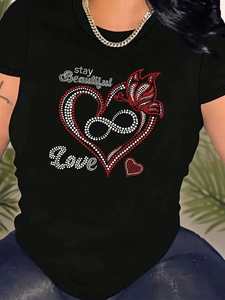 T-shirt Nera da Donna con Scollo Rotondo, Manica Corta, Vestibilità Regolare, Design Cuore con Strass - Stay Beautiful Love San Valentino - Product Image 3