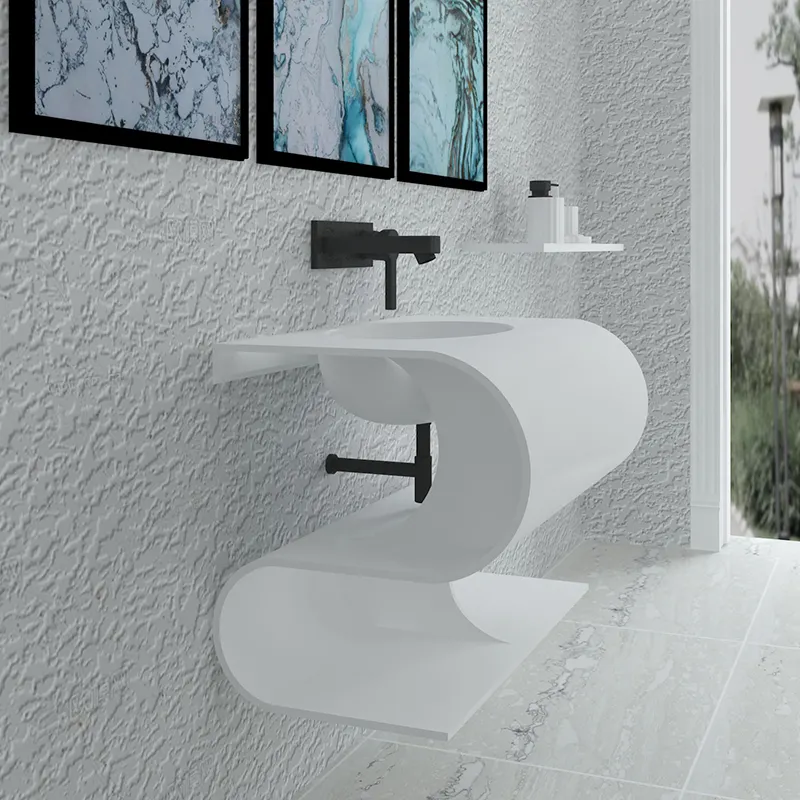 GM designer Europa estilo banheiro vaidades banheiro lavar mão bacia arte parede pendurado pia sólido branco pedra artificial bacia