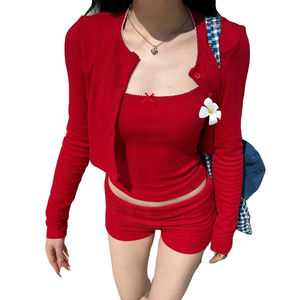 Kadın rahat üç parçalı Set uzun kollu hırka üst diz boyu sıska örme sahip kelebek yay ince omuz askısı - Product Image 2