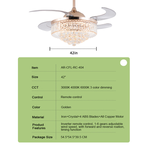 Ventilateur <span class=keywords><strong>de</strong></span> plafond rétractable invisible à LED <span class=keywords><strong>avec</strong></span> lumière et télécommande AIERTEC 42'' Cristaux Lustre 4 pales en ABS Tout en cuivre Moto - Product Image 6