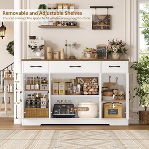 Credenza da 55 Pollici con Cassetti, Mobile Contenitore con Ripiani e Ante, Bar da Caffè in Stile Rustico per Cucina/Sala da Pranzo, Bianco - Product Image 2