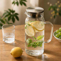Carafe en verre borosilicate écologique de 1,5 L avec couvercle en acier inoxydable et poignée en verre, résistante à la chaleur, pour boissons chaudes/froides et thé glacé