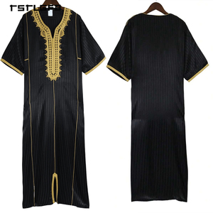 <b>Men</b> Black <b>Thobe</b> Gold Thread Embroidery V-Neck Gold Stripe Piping Short Sleeve Full-Length Luxury Islamic Jubba Formal Robe - Product Image 4
