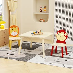 Set Meja dan 2 Kursi Anak Modern 3-Piece Kayu Solid+MDF Set Makan Balita (Singa & Monyet) - Product Image 3