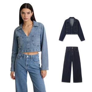 Hot Sale Women's Denim Sets with Turn-<b>Down</b> Collar V-Neck Long Sleeves Pockets Loose Straight <b>Pants</b> - Product Image 1
