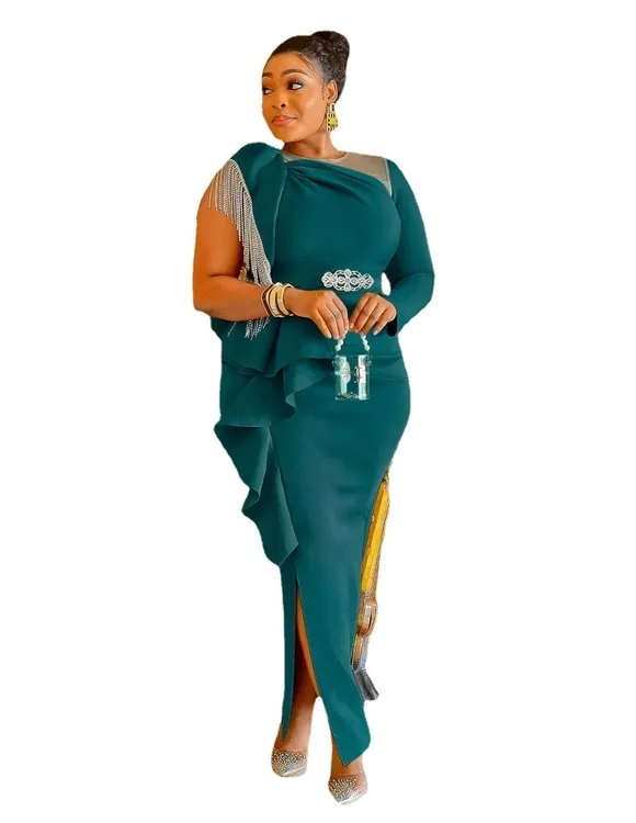 New Women's Tassel Ruffle Irregular Mid-waist Asymmetric One Shoulder Long Mesh Sleeve Plus Size Elegant High Slit Evening Dress