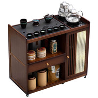 Table à thé mobile en bambou avec bouilloire intégrée, table basse avec rangement et roulettes pour usage domestique et balcon