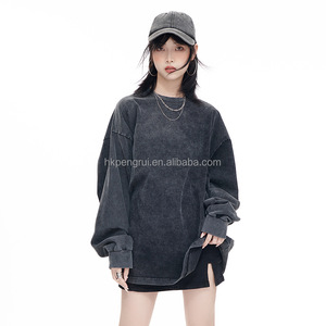 Automne haute qualité 230g coton vêtements de sport surdimensionné délavé à manches longues t-shirt léger logo personnalisé pour les femmes unisexe - Product Image 1