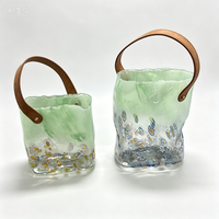 Vase en verre Millefiori soufflé à la main vert avec poignée en cuir, vase à fleurs transparent en forme de sac à main pour plantes hydroponiques