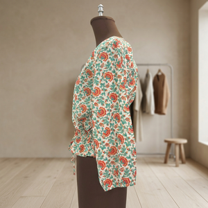 Blusa de algodón con estampado floral para mujer, cuello en V, manga tres cuartos, informal, transpirable, con volantes, para primavera y verano - Product Image 3