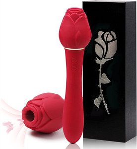 2-in-1 Rose Shaped Vibrator for Clitoral and Vagina Long Colorful Black Red  Pink Suction & Vibrating Sex Toy for Women
