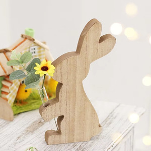 Easter Bunny Wooden Decor Stand Natural Wood Rabbit Flower Vase Indoor Easter Decoration 13x24x2cm And 14.3x18.5x2cm - Product Image 3