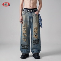 Jeans baggy déchirés et délavés pour hommes, coupe large, imprimé lettres personnalisé, style vintage, taille mi-haute, Y2K, grunge, hip hop, OEM
