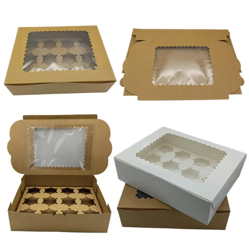 Складная коробка из переработанного картона с прозрачным окном, напечатанная золотой фольгой, упаковка для еды и кексов