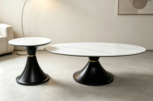 Modern <b>Marble</b> Top Oval Dining <b>Table</b> Set <b>Black</b> Metal Base Minimalist Design Home Furniture - Product Image 6