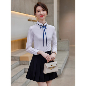 Women's Long Sleeve Shirt With Tie Neck Poplin Button Down Workwear For Business Commute Interview - Product Image 3