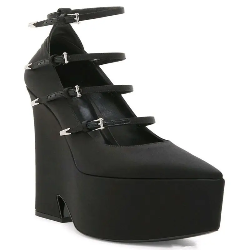 Customizable Black Ankle Strap Patent Leather Platform Wedge Sandals With Buckles And Metal Trim For Pastel Gothic Style