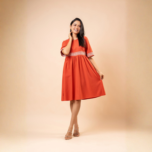 Vestido Corto de Lino Naranja de Primera Calidad, con Bordado Intrincado, para Mujer - Product Image 3